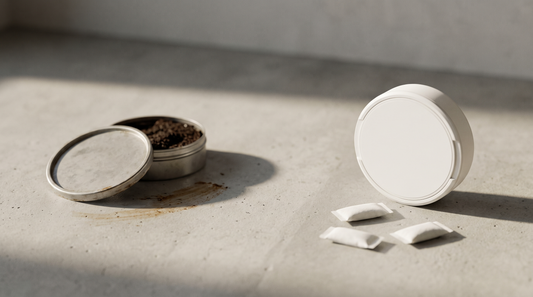Open brown snus can beside clean white tobacco-free nicotine pouches on a concrete surface