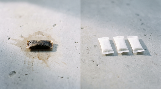 Used dark-brown snus portion beside clean white tobacco-free nicotine pouches on pale grey stone