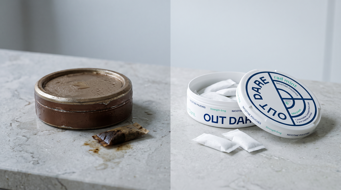 Brown snus can with stained used pouch alongside an open white tobacco-free nicotine pouch can