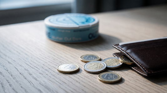 Euro coins and a wallet on a wooden desk with a nicotine pouch can softly blurred behind