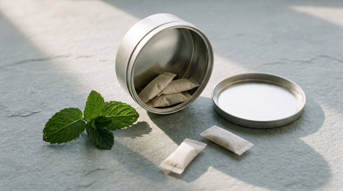 Open nicotine pouch can with white pouches visible inside, fresh mint sprig alongside on grey slate