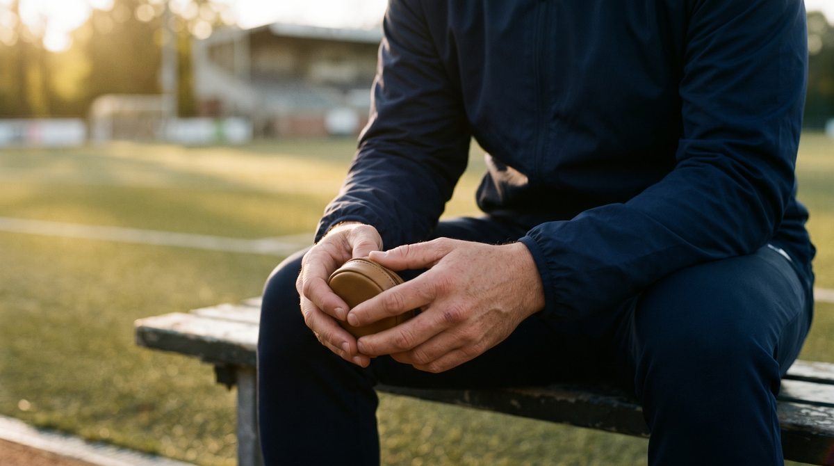 Adult man in training jacket cradling a nicotine pouch can on a pitch-side bench