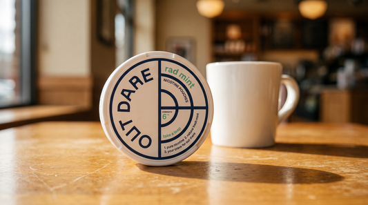 A nicotine pouch can sitting on a café table beside a plain white ceramic coffee cup