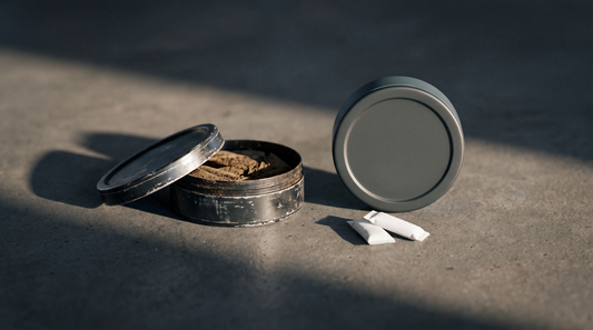 Worn brown snus can beside a round caffeine pouch can on a dark concrete worktop