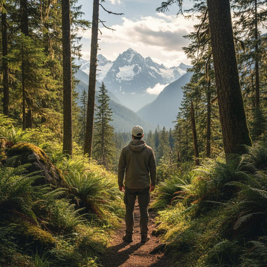 Hiker on a forest trail facing the mountains